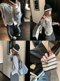 Grey Knitted Cardigans For Many Seasons Wear A Niche Design Feeling With A Loose-Fitting Round-Neck Long-Sleeved Sweater