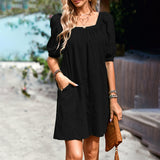 Dili Solid Color Square Dress Woman 2025 Summer Temperament Elegant Hollowed Out Skirt Skirt Short Sleeves