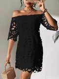2025 New Commuter Wind Solid Color Brae Shoulder Hollow Lace Dress Dress Dress Dress Woman