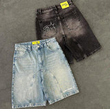 Trendy Embroidered Denim Shorts Men's Street Retro Water Wash Old Five-Point Trousers Loose Trousers 68HZ