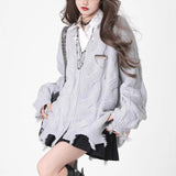 Black V-Neck Long-Sleeved Knit Coat Y2k Autumn/Winter Languid Leprosy Sweater Irregular Zipper Opener 68HZ