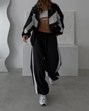 Women's Casual Sets Fashionable Long Sleeve Zippered Rippered T-Shirt Trom Sweatsuit 68HZ