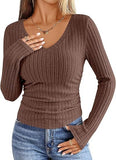 2026 New Female Pure Color V-Neck Fashion Long-Sleeved Pitted Haired Women's T-Shirt