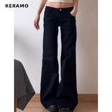 Y2k Low-Rise Black Micro-Tipped Jeans Women Water Wash Retro Hottie Repair Drag Long Pants 68HZ