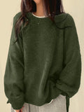 Casual Pure Color Open Fork Knitted Knitted Women Loose Long-Sleeved Round Sweater Autumn And Winter New 68HZ