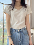 Simple Shoulder U Necker Machine Short-Sleeved T-Shirts Summer New High-End Tight Hottie Short Flying Sleeve Top