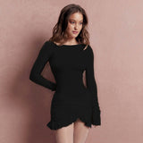 Women's Summer New Solid Color Leisure Collar Long Sleeve Folding Bag Hips Short Dress Dress Woman