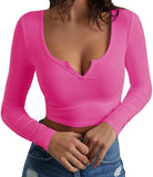 Newly Dressed Small V-Neck Long-Sleeved Jersey Sexy Short-Term Umbilly T-Shirt