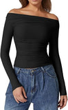 2025 New Women's Shoulder-To-Shoulder Solid-Colored Wrinkles One-Word Long-Sleeved Sexy Top