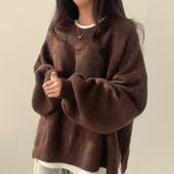 Casual Pure Color Open Fork Knitted Knitted Women Loose Long-Sleeved Round Sweater Autumn And Winter New 68HZ