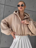 Easier Women's 2025 Spring Short-Term Cash Waist Lavel Hoodie Casual Zipper Long Sleeve Coat 68HZ