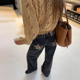 Leopard Print Five-Pointed Star Deconstruction Jeans Women Y2k High Street Design Rivet Straight Trousers 68HZ