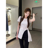 Design-Sensitive Oblique Shoulder Short-Sleeved T-Shirt Woman 2025 New Summer Chic Shoulder Sympathizes With Pure Cotton-Dense Shawl Ins