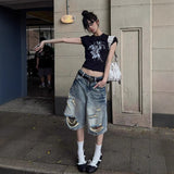 High Street Design Grinds Hole Straight Five-Point Jeans Women Y2K New Hip Hop Trousers 68HZ