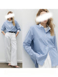 New Overlapping Multi-Season High-Wisdom Workplace Blue Strips Straight Bumpy Stitching Fashion Sense Shirt