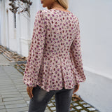 Dili 2025 Autumn/Winter Women's Bubble Sleeves Elegant Broken Flower Long-Sleeved Top