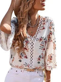 New Tat Lace Wind V Collar Bat Sleeve Print Casual T-Shirt Blouse Chiffon