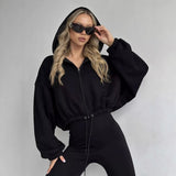 Easier Women's 2025 Spring Short-Term Cash Waist Lavel Hoodie Casual Zipper Long Sleeve Coat 68HZ