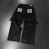 Zipper Splicing Loose Patch Embroidered Haired Jeans Men's High Street Design Sense Loose Straight Pants 68HZ