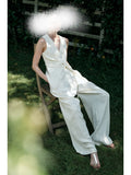 Beauty Wrinkled Vest Backs Thin Three-Dimensional Kinesi V Collar Sleeveless Coat Broad Leg Pants Women Summer Suit