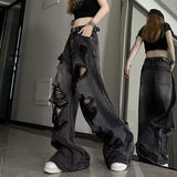 Black High Street Ripped Jeans Women Y2k Harajuku Feng Shue Wash Old Wide-Legged Straight Pants 68HZ