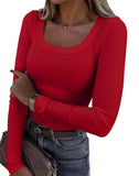 2025 Thread Pit Strips Long Long-Sleeved Square Collar T-Shirt Elegant Short Sleeves