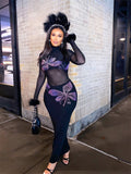 New Fashion Print Mesh Perspective Hair Splicing Body Sexy Ass Long Dress Dress Dress Woman
