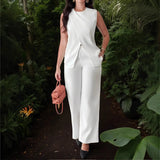 Spring And Summer 2025 New Women's Solid Color Jacket Sleeveless Belt Two Sets Of Trouser Casual Set