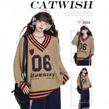 Vintage V-Neck Hooded Sweater Women's Autumn And Winter Languid Style Design Loose Thin Bump Knitted Shirt Top 68HZ