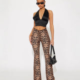 New Women's Casual Trousers Leopard Print Lace Side Splicing Mid-Rise Body-Paired Hip-Up Pants