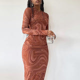 Hot Sales 2025 Spring And Summer Long-Sleeved Dress Print Round Neck Tight Dress Body Medium Long Dress