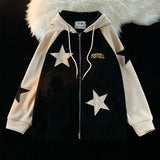 Vintage Corduroy Zippered Women Y2K Star Splicing Casual Coat Loose Blouse 68HZ
