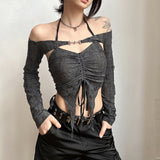 2025 Summer New Women's Pure Color Body Open Umbilical Fashion Fold Hanging Neck T-Shirt 68HZ