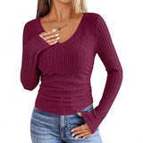 2026 New Female Pure Color V-Neck Fashion Long-Sleeved Pitted Haired Women's T-Shirt