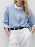 New Overlapping Multi-Season High-Wisdom Workplace Blue Strips Straight Bumpy Stitching Fashion Sense Shirt