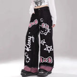 Vintage Graffiti Design-Sensitive Jeans Women Y2K New High-Rise Loose Thin Straight Pants Tide 68HZ
