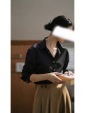 Spring And Summer New Black Gold Buckle Classic Shirt French Retro Fashion Long-Sleeved Top Female Senior Sense