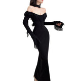 Women's Clothing 2025 Autumn And Winter New Sexy Long-Sleeved Word-Collar High-Waisted Hip Dress 68HZ