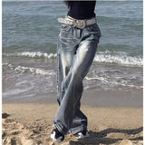 Ins Vintage Blue High Waist Jeans Women Y2K Harajuku Wind Make Old Straight Legs Drag Long Pants 68HZ