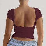 Kaiku 2025 Spring And Summer Pure Color Round Collar Leakage Back Short Sleeve Sexy Body Y2K Top T-Shirt Women's Clothing