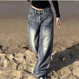 Ins Vintage Blue High Waist Jeans Women Y2K Harajuku Wind Make Old Straight Legs Drag Long Pants 68HZ