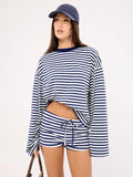Fashion Casual Striped Long-Sleeved Top Shorts Set Female Retro Lazy Wind Low-Rise Thin Two-Set Woman