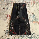 Y2K Flower Embroidered Jeans Men's Street Splicing Design Straight Trousers Loose Trousers Tide 68HZ