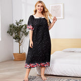 Spring And Summer Plus Code Lady Home Dress Skirt Short-Sleeved Lace Splicing Four-Sided Bullet Print Home Pajamas Woman