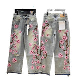 Vintage Trendy Cherry Blossom Embroidered Jeans Men And Women Y2k Harajuku Hip Hop Straight Tube Trousers 68HZ