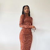 Hot Sales 2025 Spring And Summer Long-Sleeved Dress Print Round Neck Tight Dress Body Medium Long Dress
