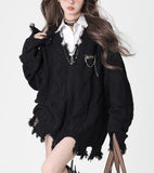 Black V-Neck Long-Sleeved Knit Coat Y2k Autumn/Winter Languid Leprosy Sweater Irregular Zipper Opener 68HZ
