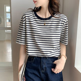 Pure Cotton Short-Sleeved Horizontal Streak T-Shirt Women's Summer 2025 New Loose Half-Sleeved Sympathize Casual Bottoming Shoulder Coat