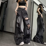 Black High Street Ripped Jeans Women Y2k Harajuku Feng Shue Wash Old Wide-Legged Straight Pants 68HZ