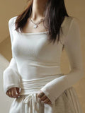 2025T Collar Ribs Fabric Autumn Bottom Shirt Black Low-Necked Women's T-Shirt Striped Splicing